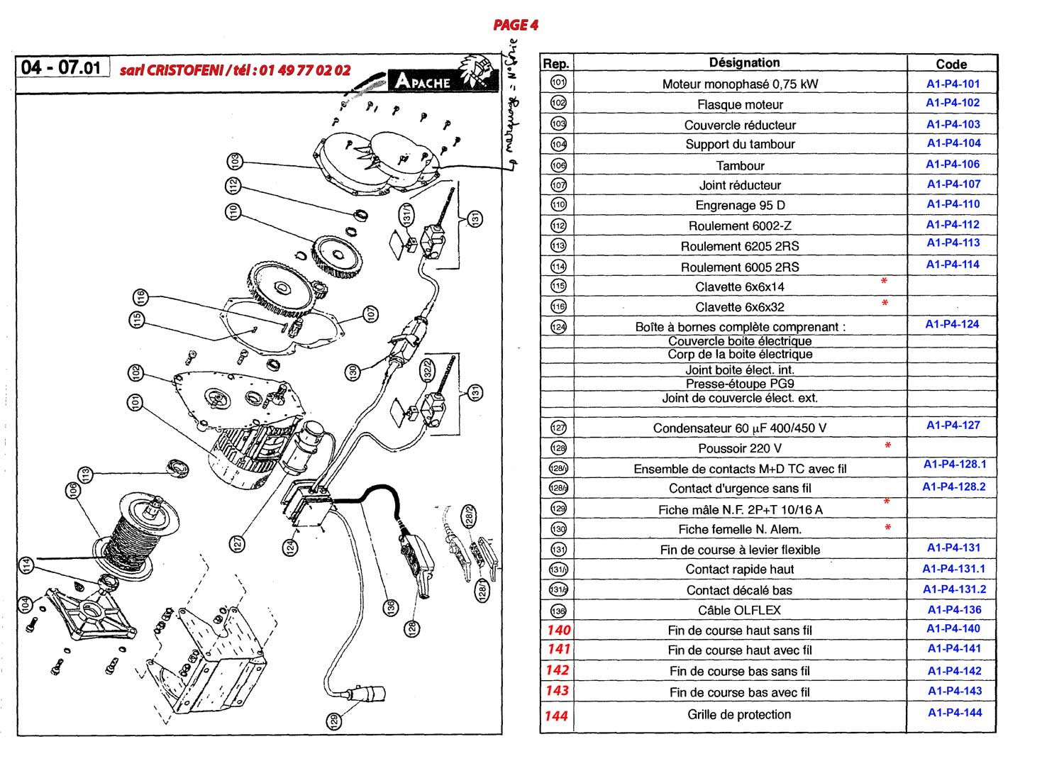 ApacheANCIEN MOD7LE plateau porte-plaques, Schéma électrique : moteur monophasé, connecteur moteur femelle, connecteur moteur mâle, enroulement principal, enroulement auxiliaire, contacteur ligne, contacteur montée, contacteur descente, condensateur 60 mf/450 V, transformateur, bouton poussoir arrêt, bouton poussoir montée, bouton poussoir descente, fin de course montée, fin de course descente/mou de câble, connecteur, relais thermique, voyant sous tension, lampe sous tension, repérage des câbles