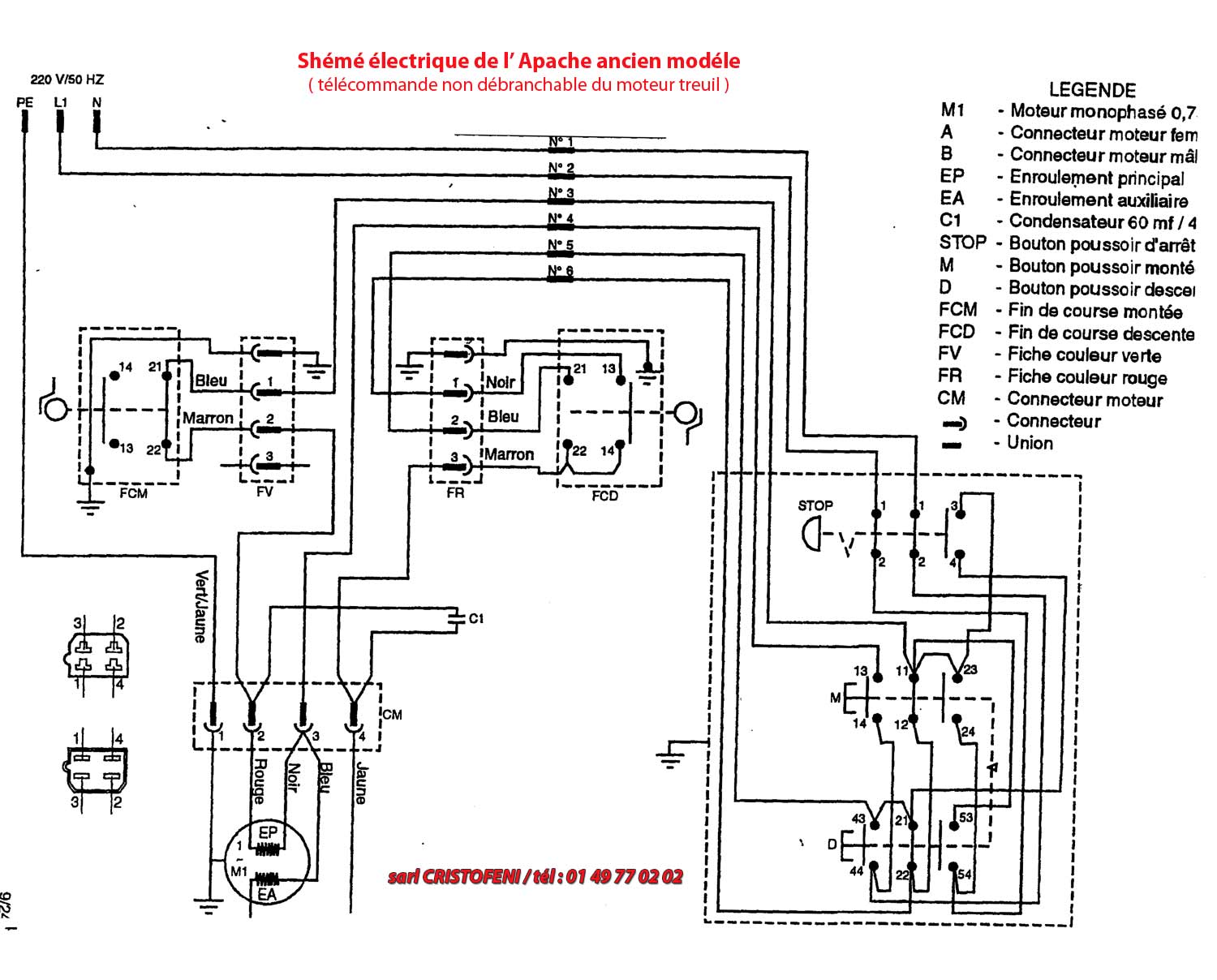 apache ANCIENNE version Schéma électrique Treuil : moteur monophasé 0.75 Kw, connecteur moteur femelle, connecteur moteur mâle, enroulement principal, enroulement auxiliaire, contacteur ligne, contacteur montée, contacteur descente, condensateur 60 mf/450 V, transformateur, bouton poussoir arrêt, bouton poussoir montée, bouton poussoir descente, fin de course montée, fin de course descente/mou de câble, connecteur, relais thermique, voyant sous tension, lampe sous tension, repérage des câbles