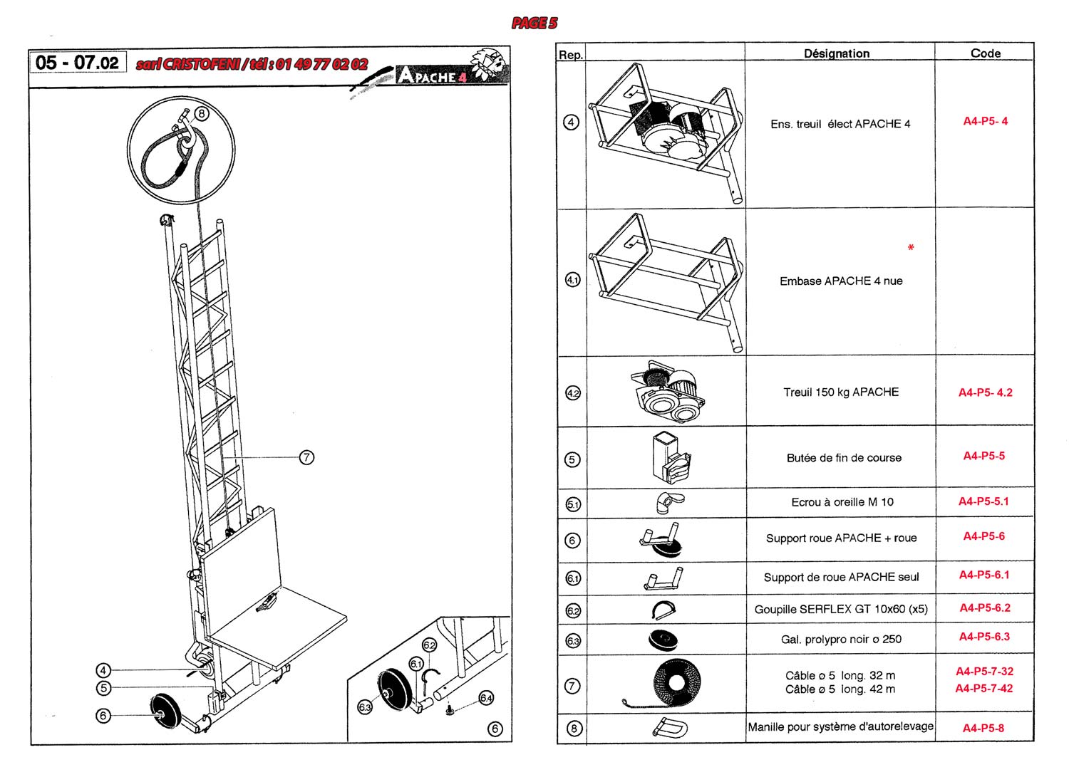 moteur monophasé à 0.75 kW, flasque moteur, couvercle réducteur, Support du tambour, Tambour, joint réducteur, engrenage 95 D, roulement , roulement , roulement , clavette , clavette , boite à bornes complète comprenant 1 couvercle boite électrique, corp de la boite électrique, joint boite élect int, joint de couvercle élect extérieur, condensateur 60 µF 400/450 V, poussoir 220 V, ensemble de contacts M+D TC avec fil, contact d'urgence sans fil, fiche mâle N.F. 2P+T 10/16 A, fiche femelle N., grille de protection