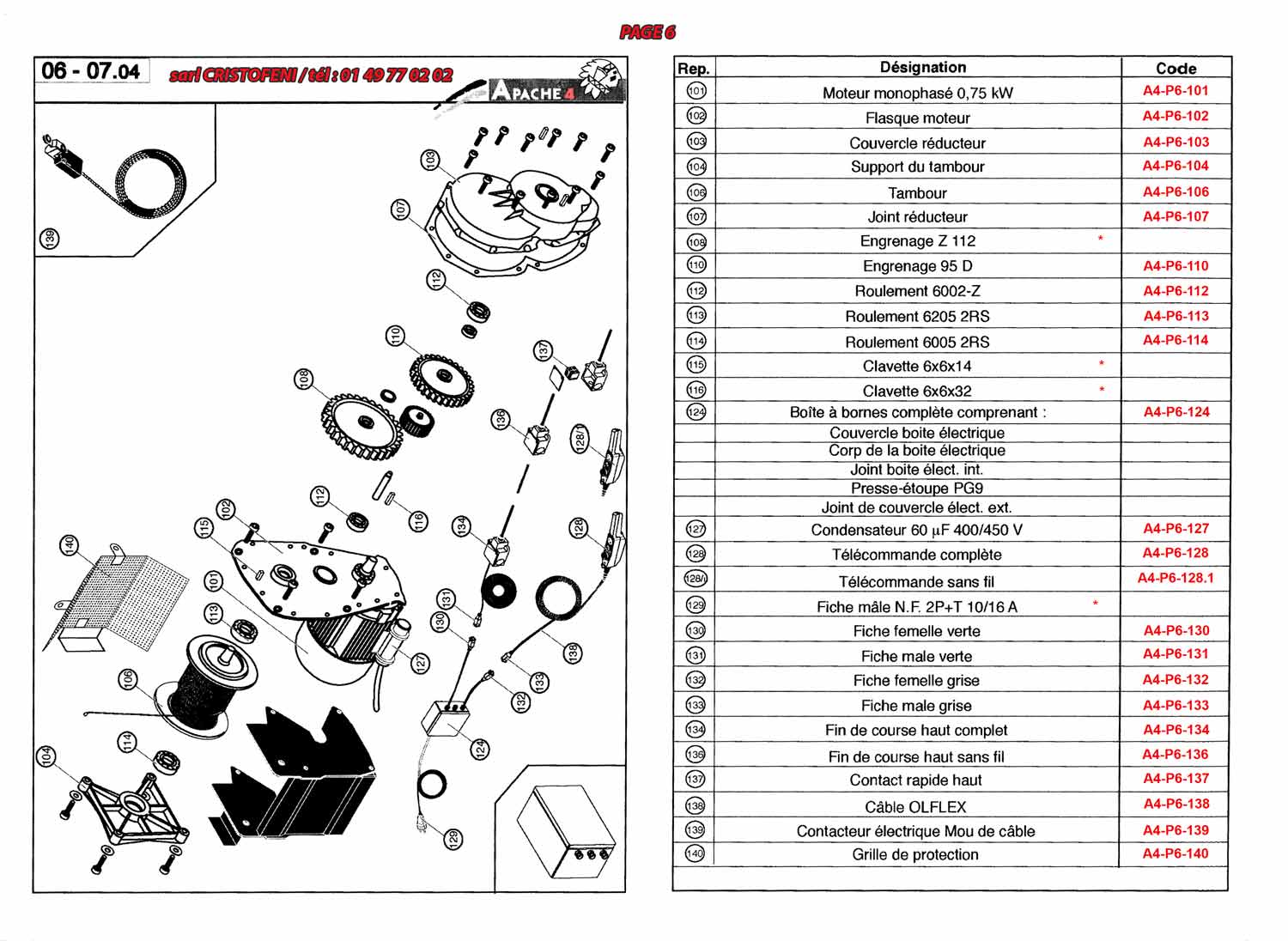 Apache plateau porte-plaques, Schéma électrique : moteur monophasé, connecteur moteur femelle, connecteur moteur mâle, enroulement principal, enroulement auxiliaire, contacteur ligne, contacteur montée, contacteur descente, condensateur 60 mf/450 V, transformateur, bouton poussoir arrêt, bouton poussoir montée, bouton poussoir descente, fin de course montée, fin de course descente/mou de câble, connecteur, relais thermique, voyant sous tension, lampe sous tension, repérage des câbles