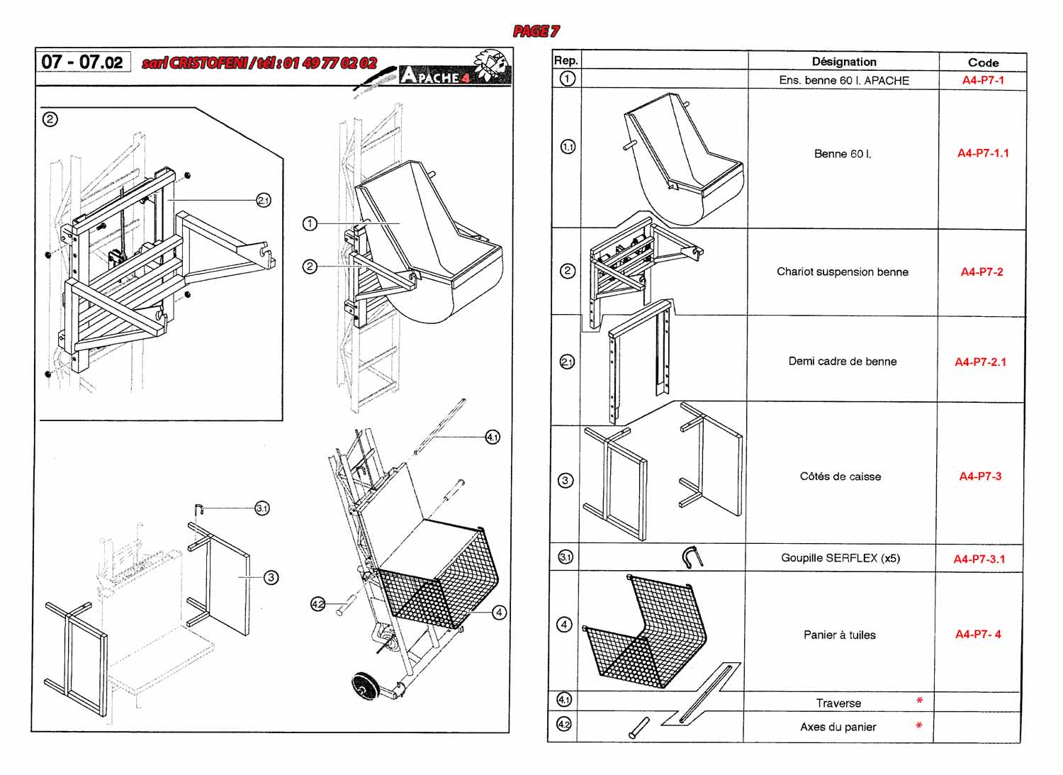 Benne 60 l, chariot suspension benne, demi cadre de benne, côté de caisse, goupille SERFLEX ( x5), panier à tuiles, traverse, axes du panier