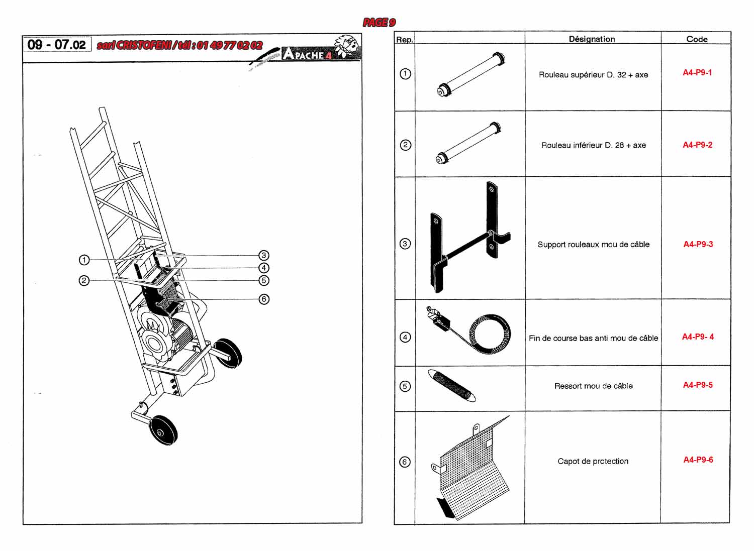 Rouleau supérieur D 32 + axe, rouleau intérieur D 28 + axe, support rouleaux mou de câble, fin de course bas anti mou de câble, ressort mou de câble, capot de protection