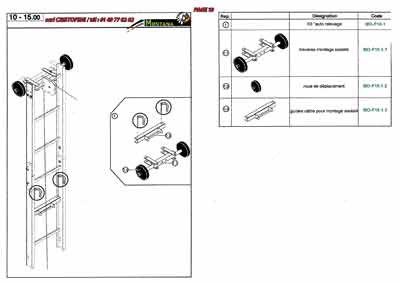 Traverse montage assisté, roue de déplacement, guides câble pour montage assisté.