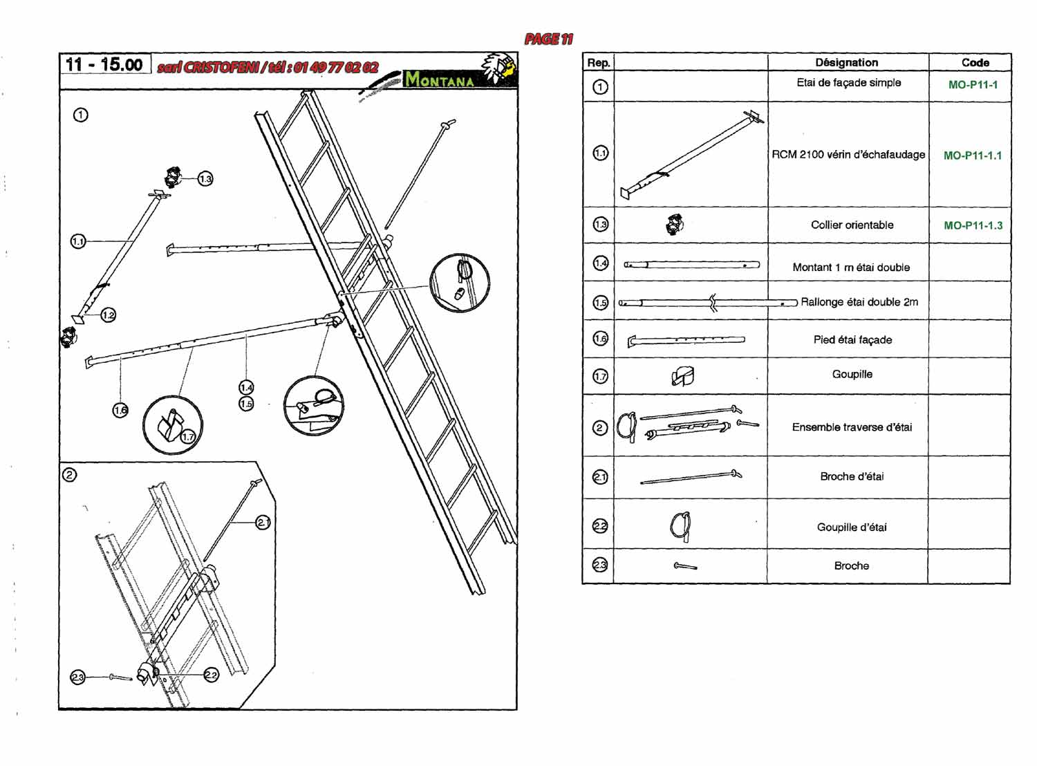 RCM 2100 vérin d’échafaudage, collier orientable, montant 1 m étai double, rallonge étai double 2 m, pied étai façade, goupille, ensemble traverse étai, broche d’étai, goupille d’étai, broche