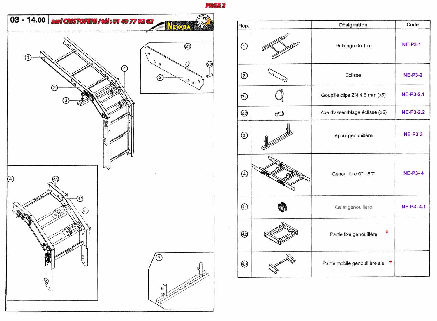 Rallonge de 1 m, éclisse, goupille clips ZN 4,5 mm (x5), axe d’assemblage éclisse (x5), appui genouillère 0 - 60°, galet genouillère, partie fixe genouillère, partie mobile genouillère alu.