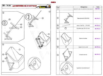 Basculement de benne à béton pour Nevada, axe diamètre 12x 770 - 1 TR 707, goupille clips ZN 4.5 mm, benne montée, galet D 41.5 x 29, chassis-benne, système manette/ressort.